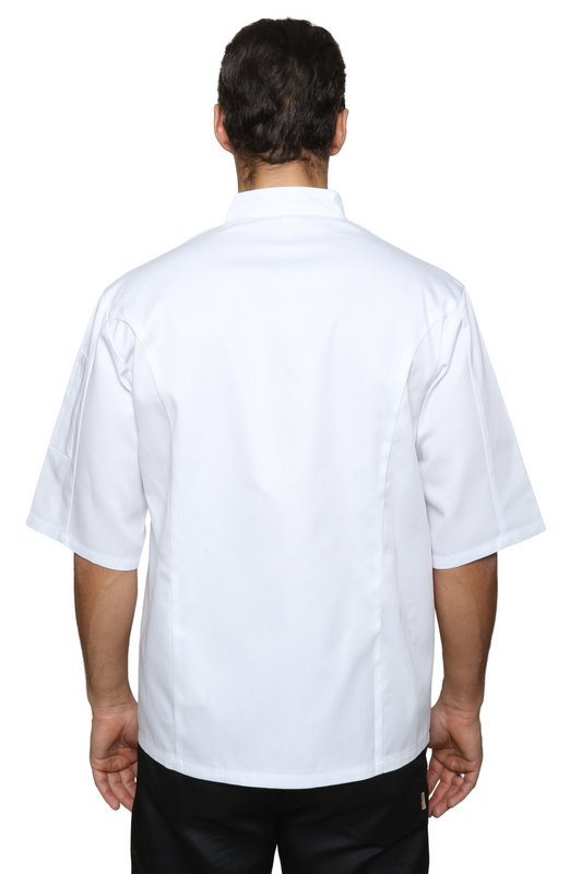 Person wearing a white short-sleeve shirt on a white background