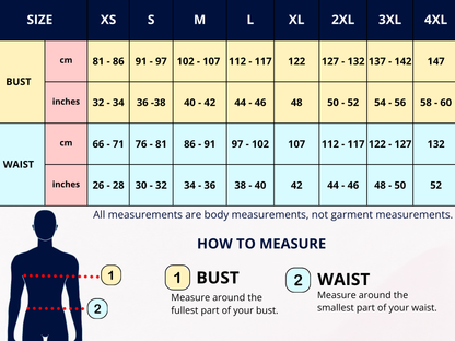 A size measurement chart for apparel showing body measurements in centimeters and inches for sizes XS through 4XL, with a body silhouette and step-by-step instructions for measuring bust and waist.