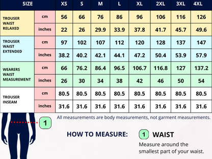 A measurement chart for clothing sizes showing body measurements in centimeters and inches forXS through4XL sizes, with a small body silhouette and instructions on how to measure waist.